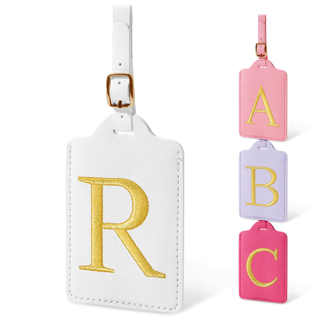 Personalized Initial Luggage Tags for Suitcases, Cute PU Leather Embroidered Letter Travel Luggage Tags, Suitcase Identifier Name Baggage Tag, Bag Tags for Men Women Kids Luggage Handbags(Pink M)