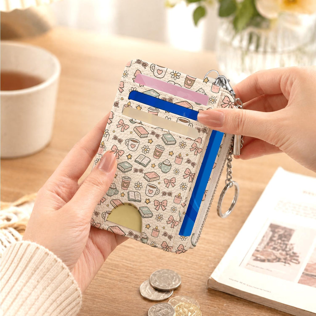 Book Lover Gift for Readers, Cute Reading Theme Card Holder Wallet, Literary Slim Credit Card Case with ID Window, Cartoon RFID Blocking Pocket Wallet Gift for Book Fans with Coin Zipper Keychain
