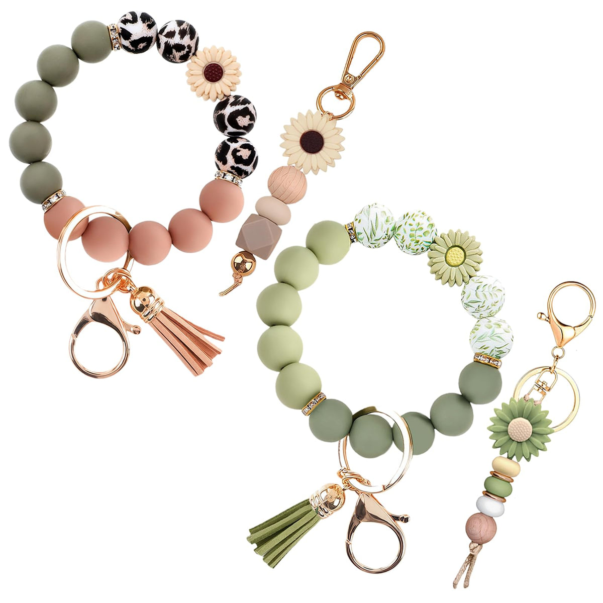 2PCS Bracelet Key Ring Set, Cute Car Key chain Wristlet, Silicone Beaded Bangle keyChains for Women Girls