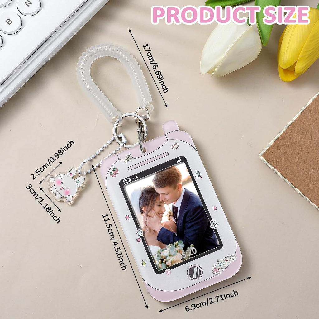 2 Pcs Photocard Holder, 3 Inch Photo Card Holder ID Badge Holder Cute Cartoon Photocard Holder Keychain Bus Card Credit ID Bank Card Pendant with Spiral Wrist Coil