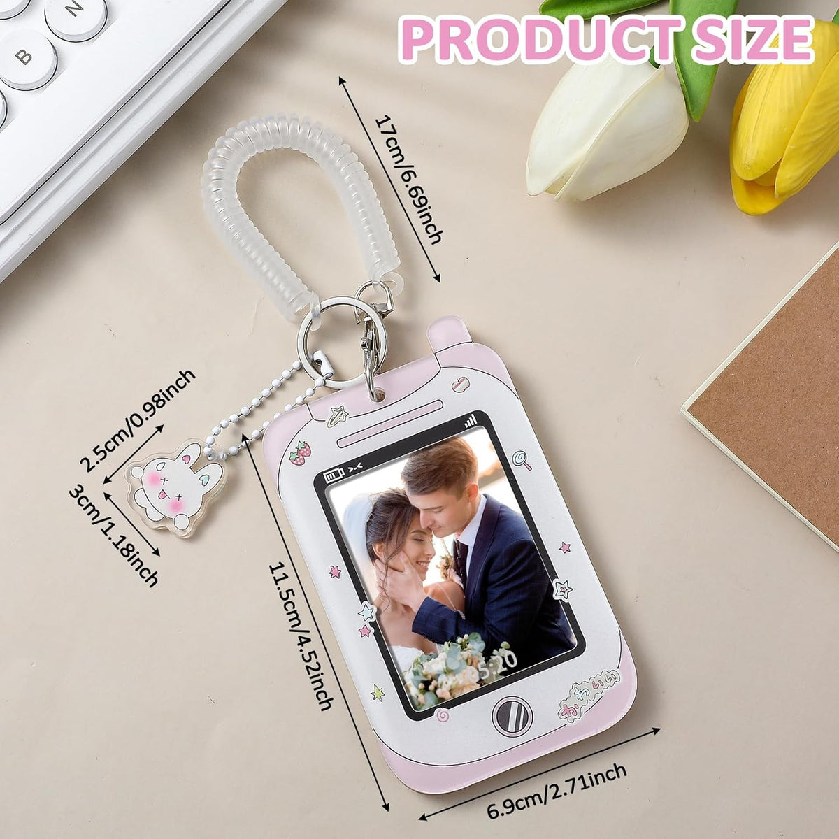2 Pcs Photocard Holder, 3 Inch Photo Card Holder ID Badge Holder Cute Cartoon Photocard Holder Keychain Bus Card Credit ID Bank Card Pendant with Spiral Wrist Coil