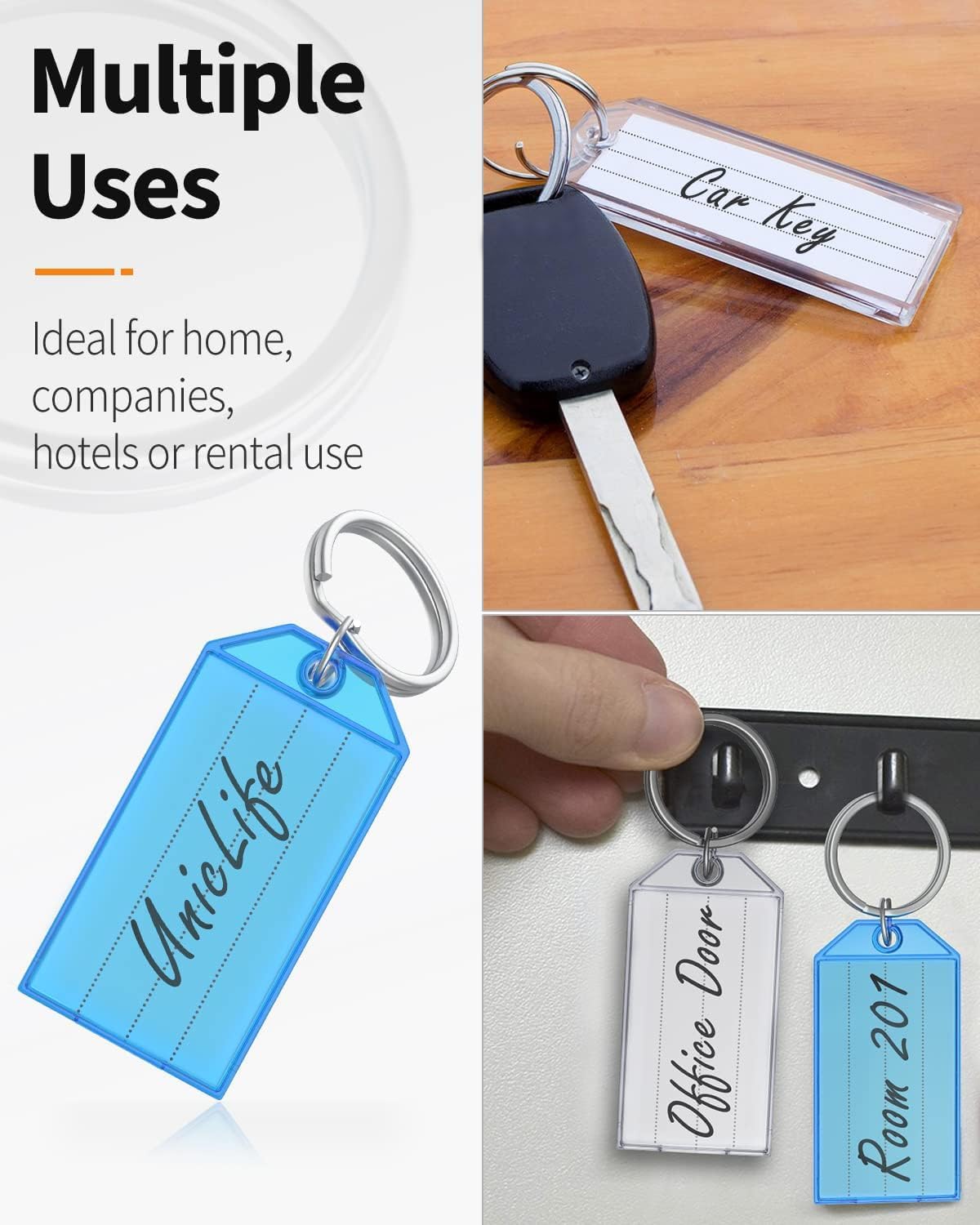 Uniclife 10 Pieces Key Tags 2 Inch Plastic Key Chain Tags with Ruled Blank Paper Labels Transparent Covers and Split Rings Sturdy Item Identifiers, 8 Colors