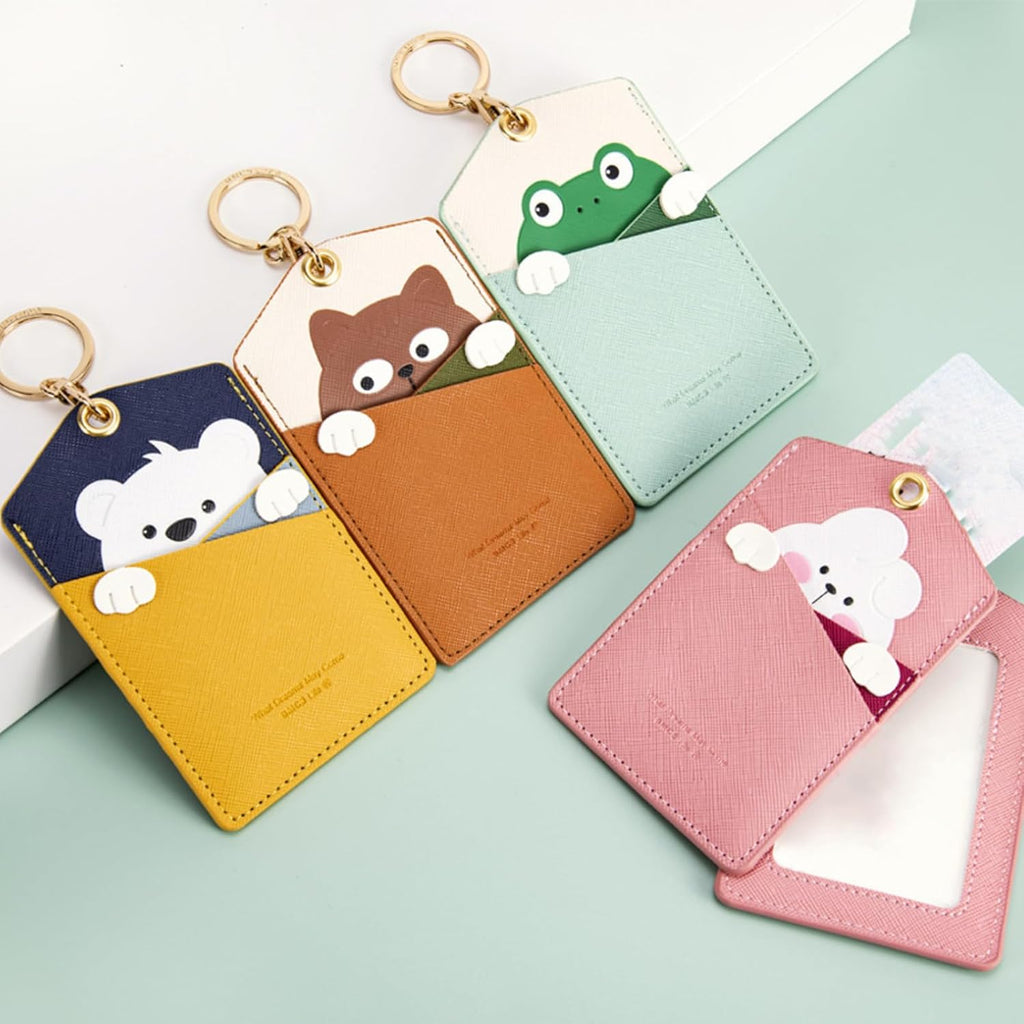 PU Leather ID Badge Holder, Cartoon Cute Badge Holder with 3 Card Slots