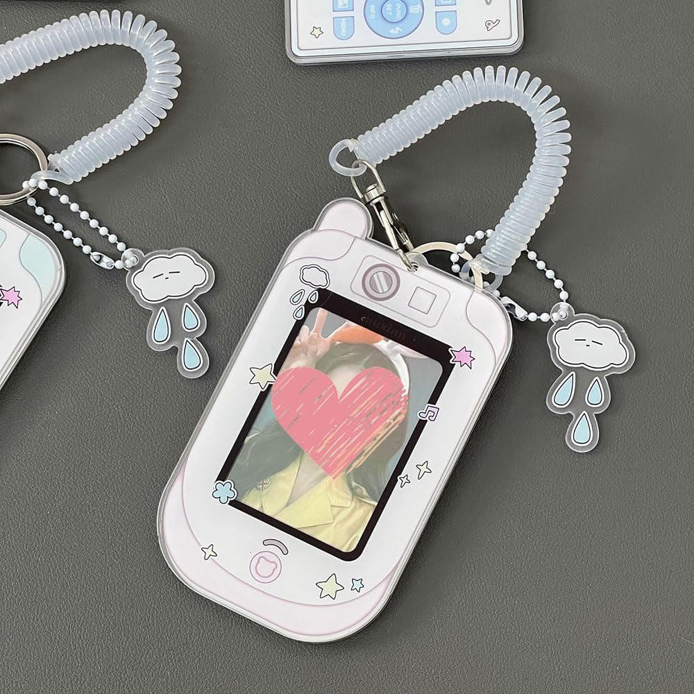 2 Pcs Cartoon Photocard Holder ID Badge Holder,3 Inch Photo Card Holder Id Card Holder Protective Sleeves Photocards Holder,Cute Photocard Holder Keychain Cloud Bear Pendant with Spiral Wrist Coil