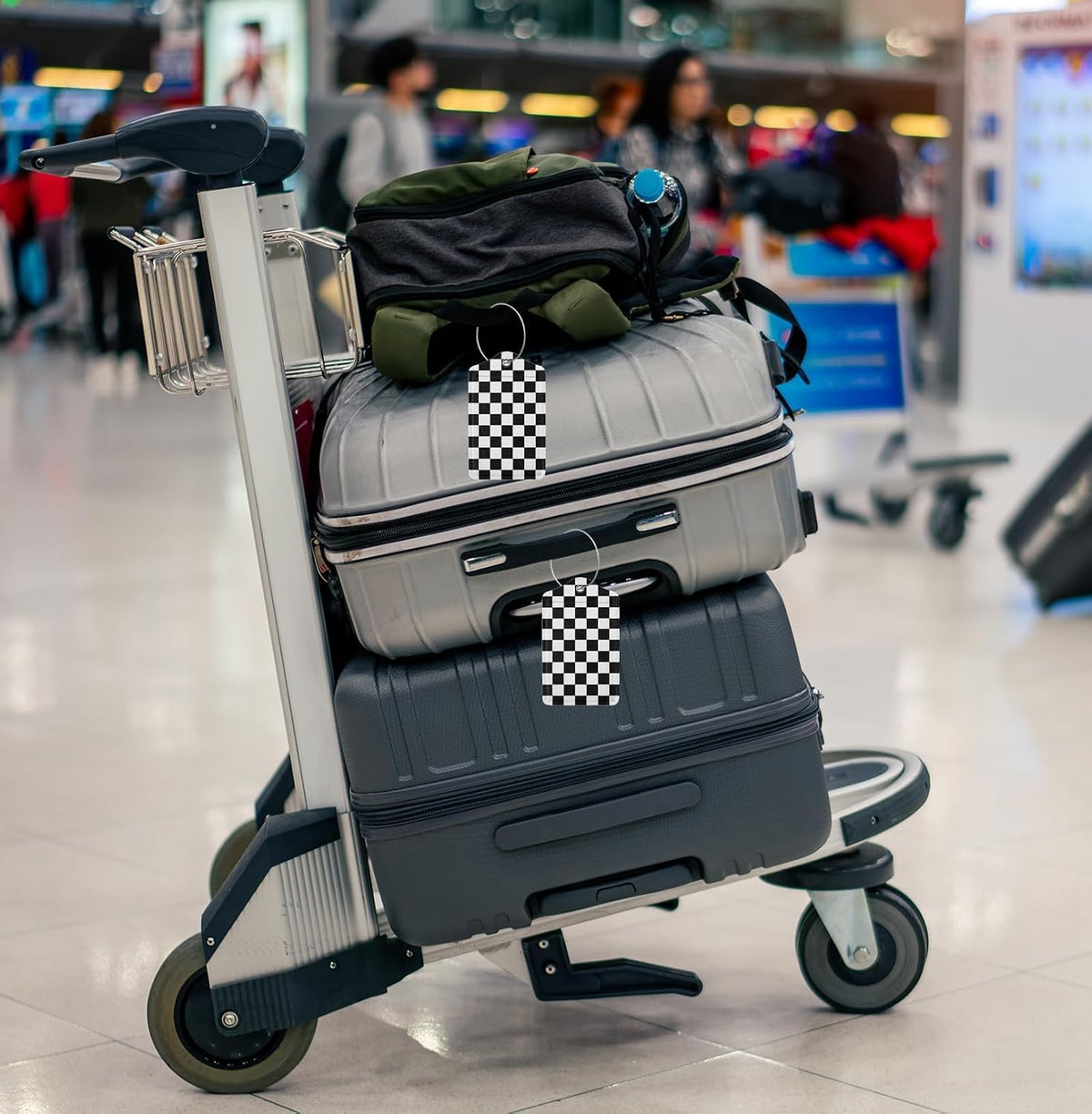 2P Black White Plaid Lines Race Grid Checkered Flag Luggage Tags Privacy Cover ID Label with Stainless Steel Loop and Address Card for Travel Bag Suitcase Funny Cute Man Women Kids