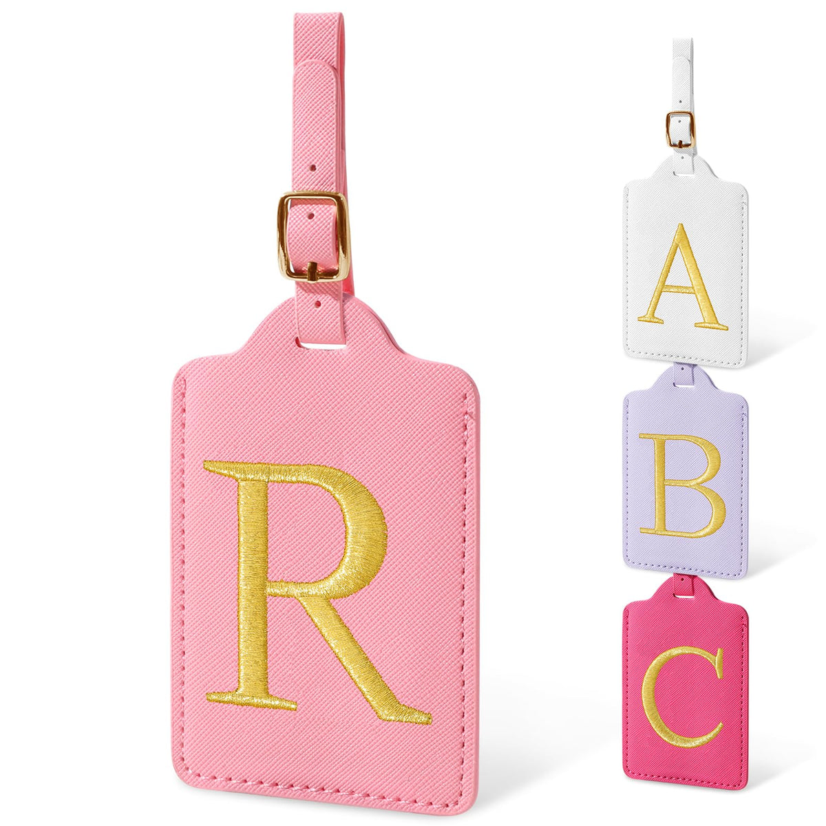 Personalized Initial Luggage Tags for Suitcases, Cute PU Leather Embroidered Letter Travel Luggage Tags, Suitcase Identifier Name Baggage Tag, Bag Tags for Men Women Kids Luggage Handbags(Pink M)