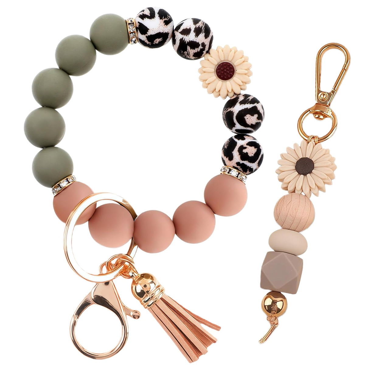 2PCS Bracelet Key Ring Set, Cute Car Key chain Wristlet, Silicone Beaded Bangle keyChains for Women Girls