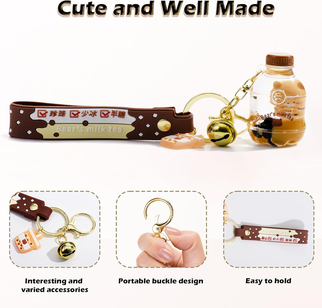 YOU WIZV Kawaii Bear Boba Keychain - Cute Liquid Water Charm for Backpacks, Adorable Gift for Women Boy Girls