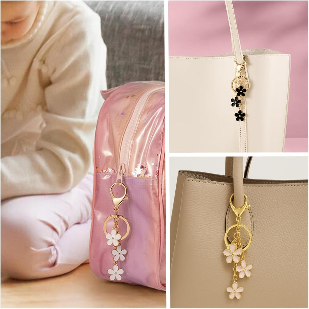 3Pcs Cute Keychain for Women, Flower Enamel Charm Keyring for Handbag Backpack Purse（White,Pink,Black