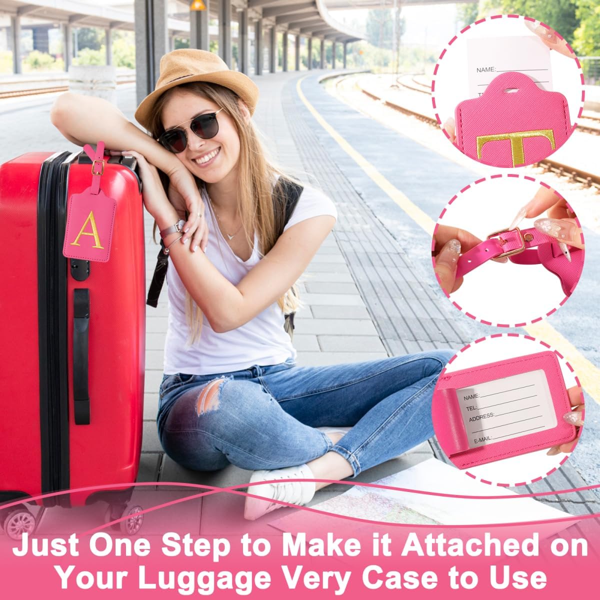 Personalized Initial Luggage Tags for Suitcases,Leather Letter Cute Luggage Tags with Privacy Name Card,Embroidered Monogrammed Travel Bag Backpack Tag Gifts for Women Kids Girls Teens(Rosered-A)