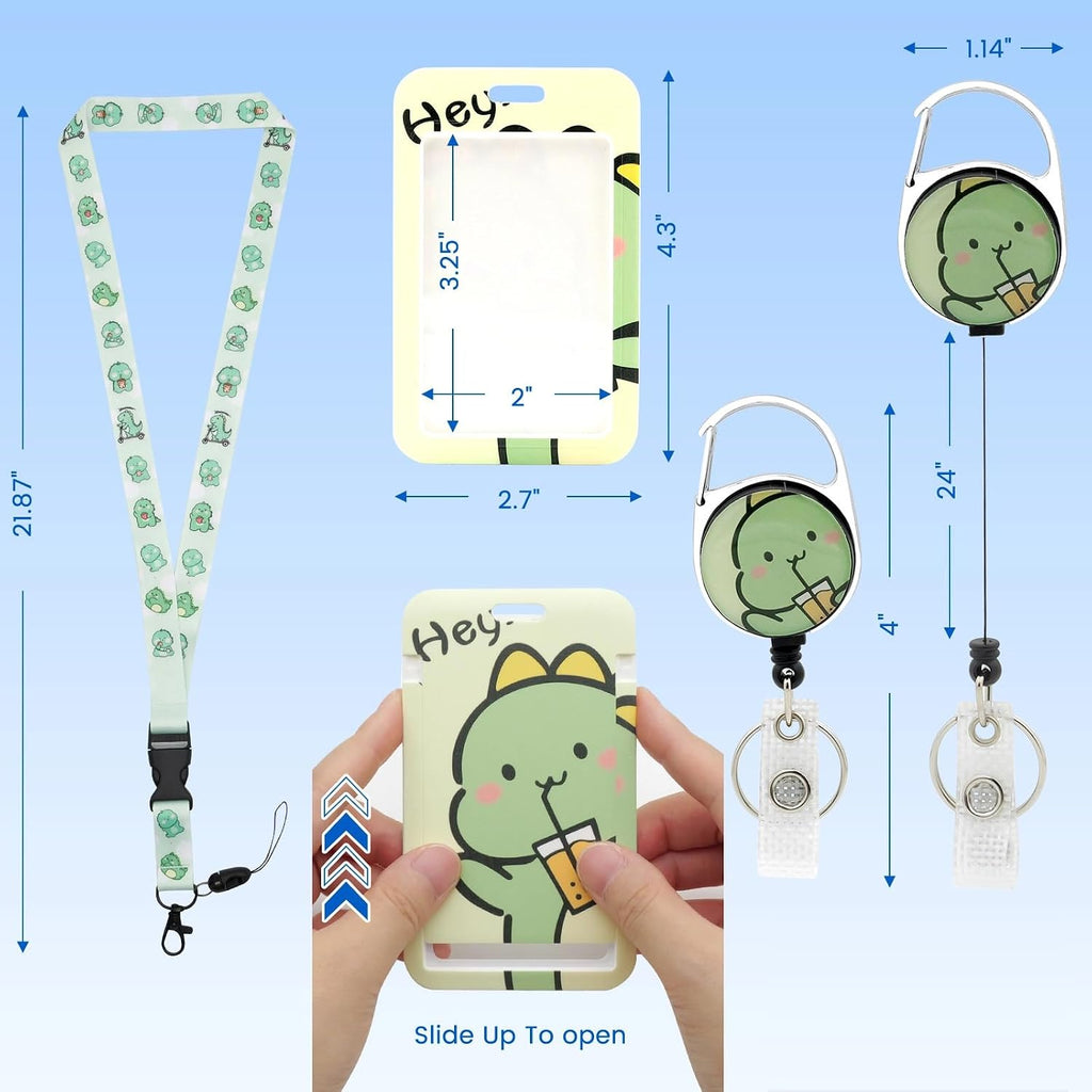 HL Hope&Luck Cute Dinosaur Lanyards for Id Badge Holder with Retractable Badge Reel Clip, Green Dinosaur ID Card Holder with Breakaway Lanyard, Nurse Teacher Office Gifts