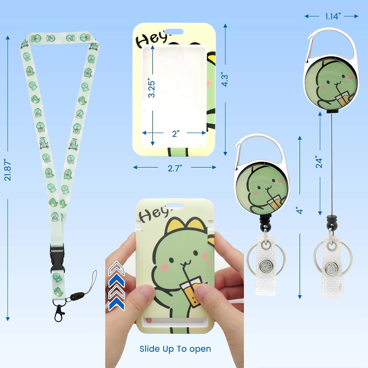 HL Hope&Luck Cute Dinosaur Lanyards for Id Badge Holder with Retractable Badge Reel Clip, Green Dinosaur ID Card Holder with Breakaway Lanyard, Nurse Teacher Office Gifts
