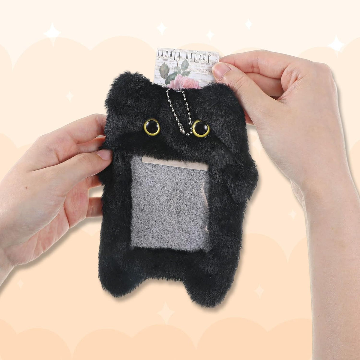 Black Cartoon Plush Photocard Holder Keychain, Cute Cartoon Cat Photo Card Holder Keychain, Soft Plush Photo Card Holder for ID Card Cover Photo Protective Bag Pendant Decor