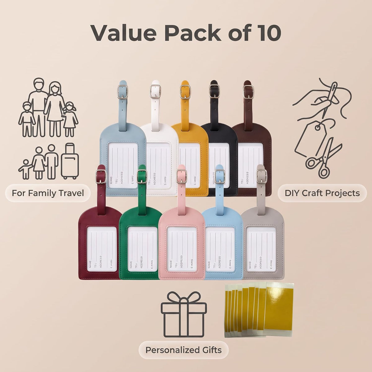 10PCS Self Finishing Needlepoint Luggage Tag Blanks PU Leather Luggage Tags with 1.77 x 2.68 Inch Canvas Opening Clear ID Window DIY Travel Tags