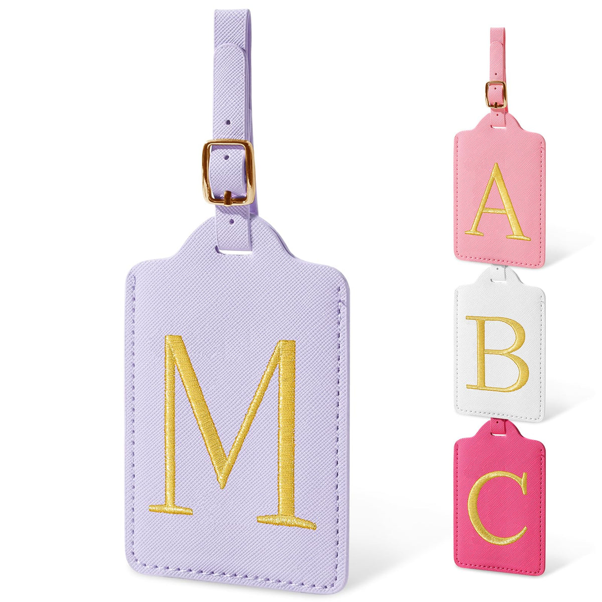 Personalized Initial Luggage Tags for Suitcases, Cute PU Leather Embroidered Letter Travel Luggage Tags, Suitcase Identifier Name Baggage Tag, Bag Tags for Men Women Kids Luggage Handbags(Pink M)