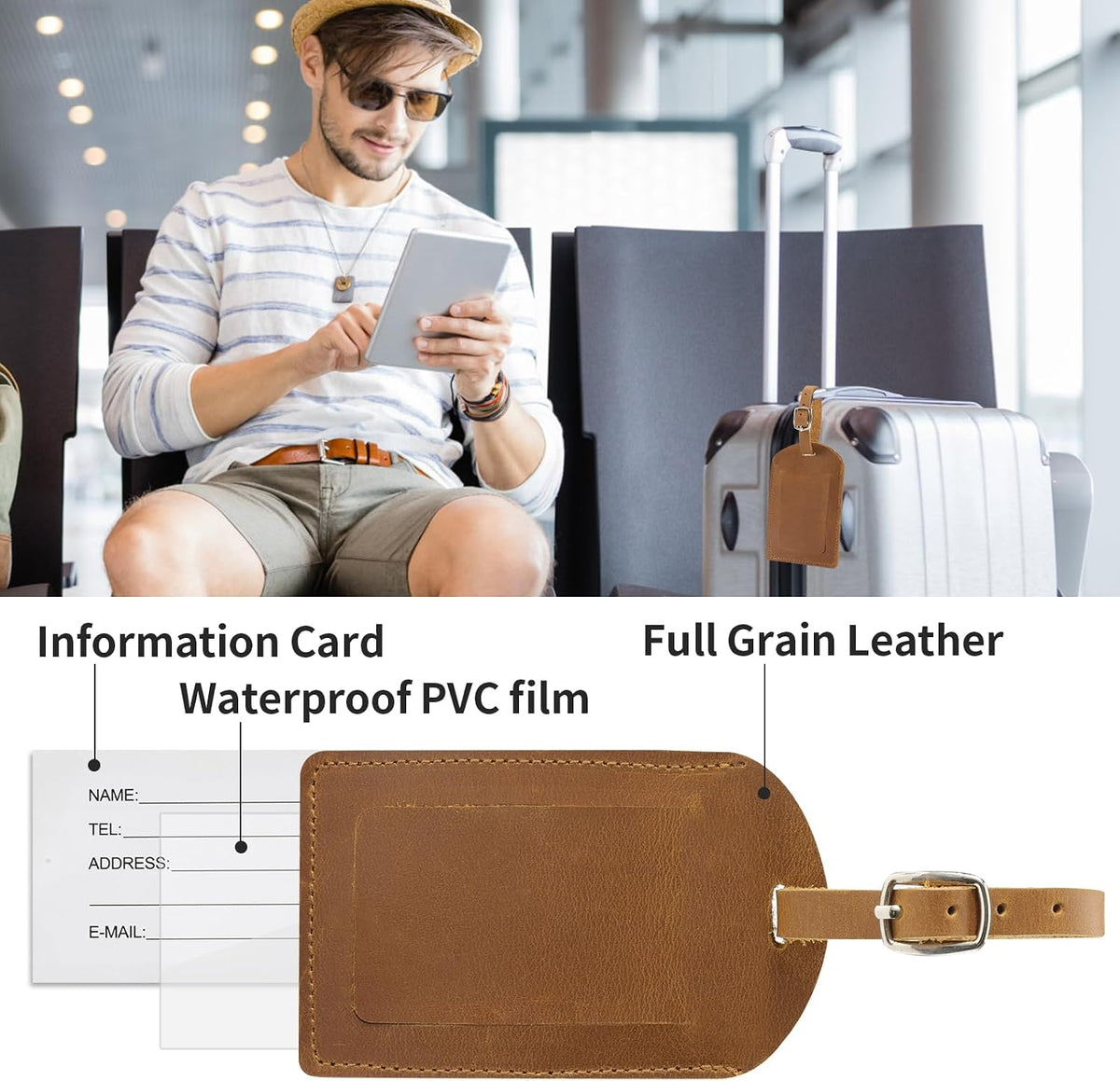 Ringsun Genuine Leather Luggage Tag for Suitcases ID Tags Bag Tags for Luggage (6 Pack)