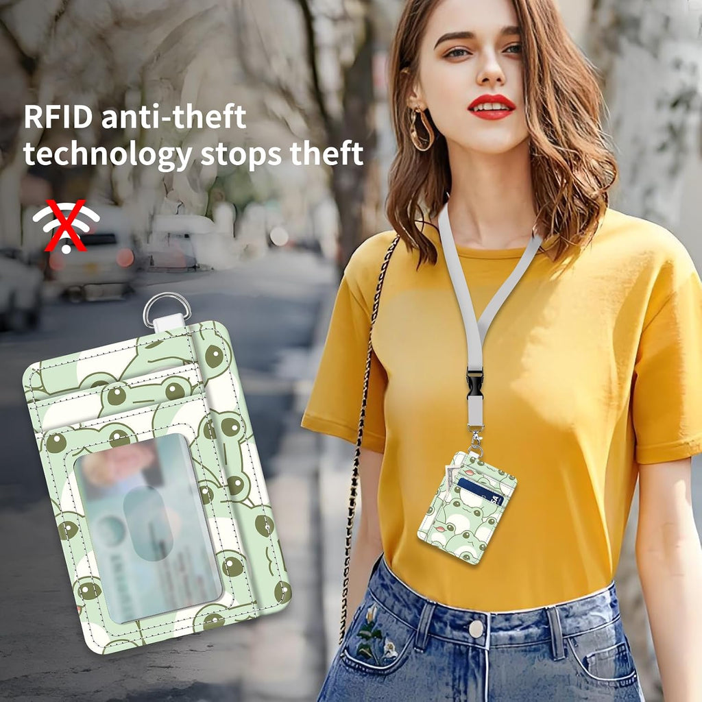 Cute Wallet Women, Funny RFID Credit Card Holder Slim Wallet, Front Pocket PU Leather Card Holder Travel for Men Women Green Frogs