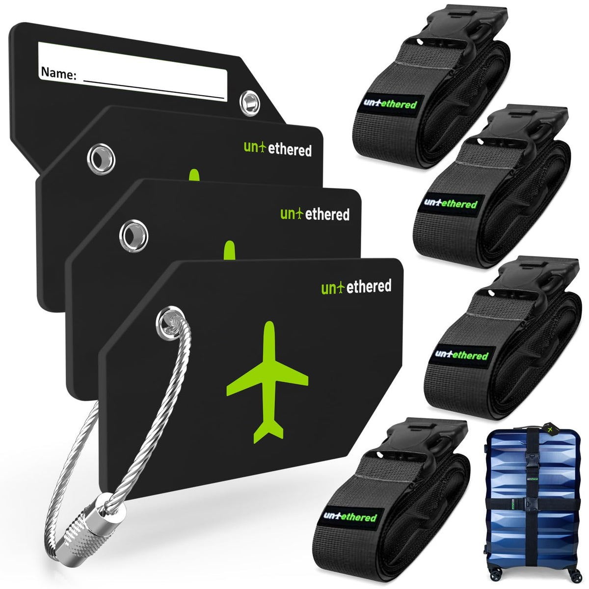 Untethered Luggage Tags for Suitcases, 4-Pack, Bag ID Tags, Green