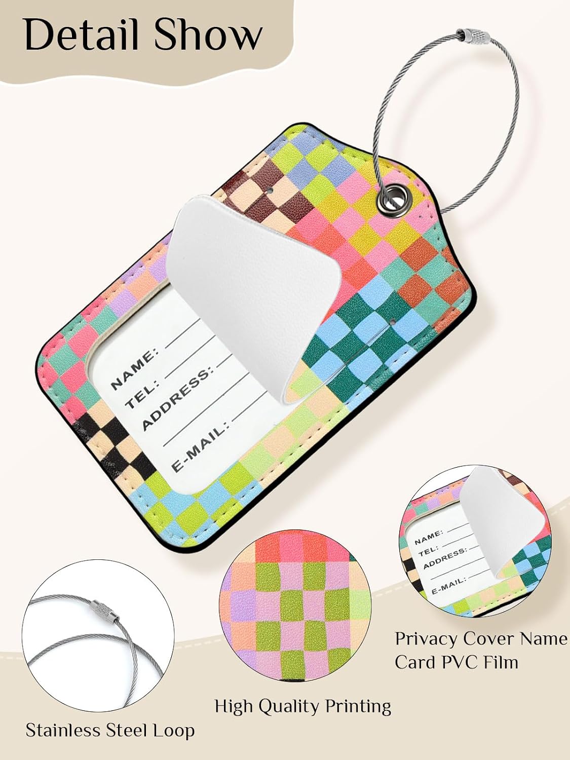 Seorsok 2Pcs Luggage Travel Tags for Suitcases,Cute Color Grids Checkered PU Leather Name Tag with Privacy Cover&ID Label Address Card and Durable Metal Ring Suitable for Men Women Handbags Backpack