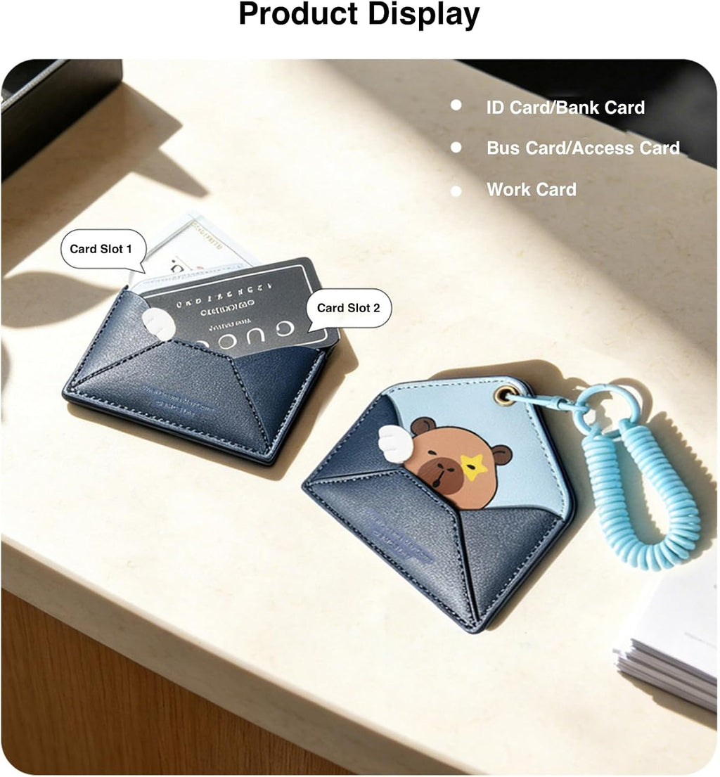 ID Badge Holder with Keychain, Cartoon Animal 2 Card Slots Cute Card Holder