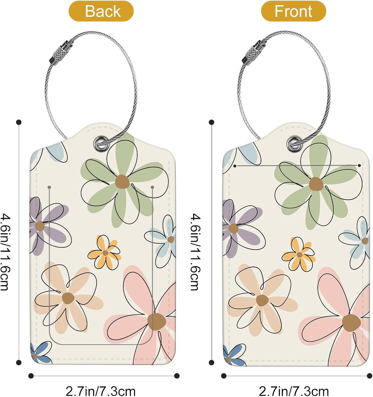 2Pack Luggage Tags for Suitcases, Cute Unique Pu Leather Cruise Luggage Tag with Privacy Cover ID Label Address Card and Metal Ring Suitable for Women Men Kids Travel Bag Linear Flower