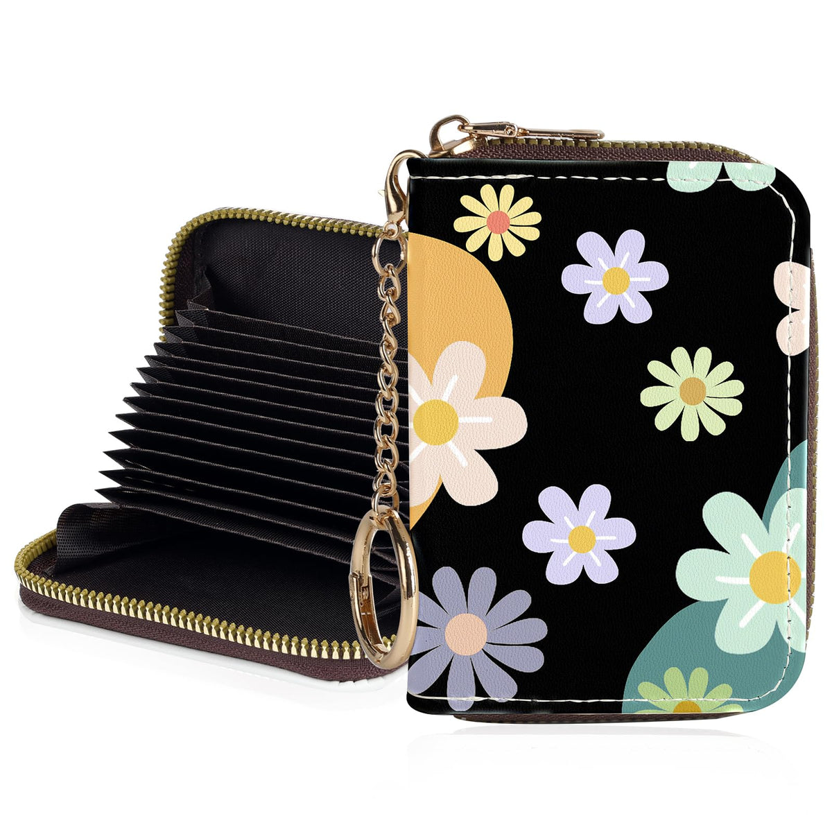 Credit Card Holder for Women,Small Rfid Wallet with Keychain Zipper,Cute PU Leather Card Case Wallet，Accordion Credit Card Wallets Gift,Flowers and Black Cat B