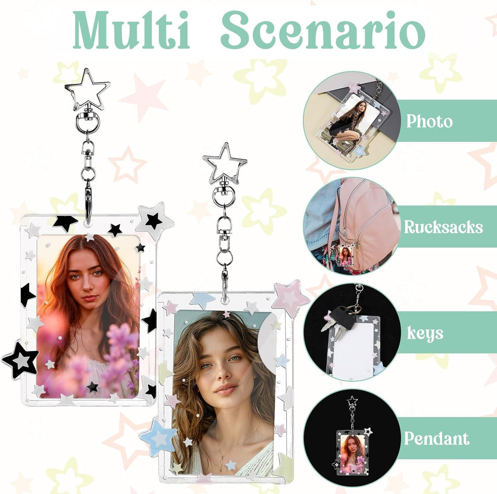 2Pcs Star Photocard Holder with Metal Chain Transparent Y2K Charm Holders Acrylic Cute Protective Photocards with Star Pendant for Idol Card Photo Album