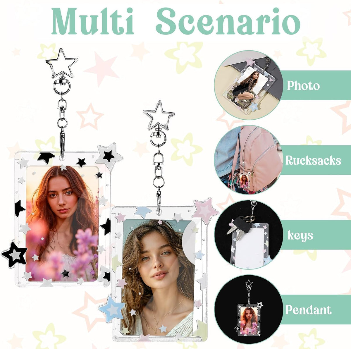 2Pcs Star Photocard Holder with Metal Chain Transparent Y2K Charm Holders Acrylic Cute Protective Photocards with Star Pendant for Idol Card Photo Album