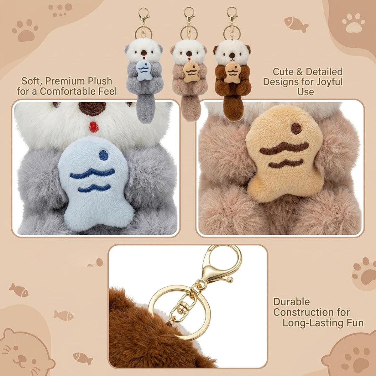 3Pcs Otter Keychain, Cute Otter Keychain Plush, Soft PP Cotton Filling Stuffed Animal Keychain for Handbags, Backpacks, Car Key Decor