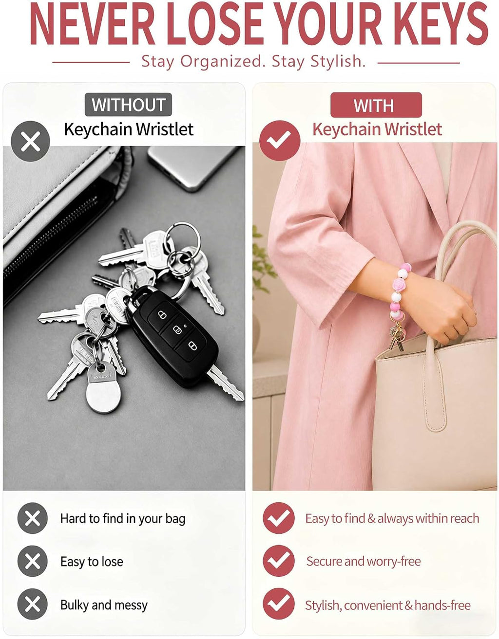 BAOSIWA Keychain Wristlet Cute Car Key Chain Holder Rose Flower Key Ring Bracelet Silicone Beaded Keychains for Women Girls