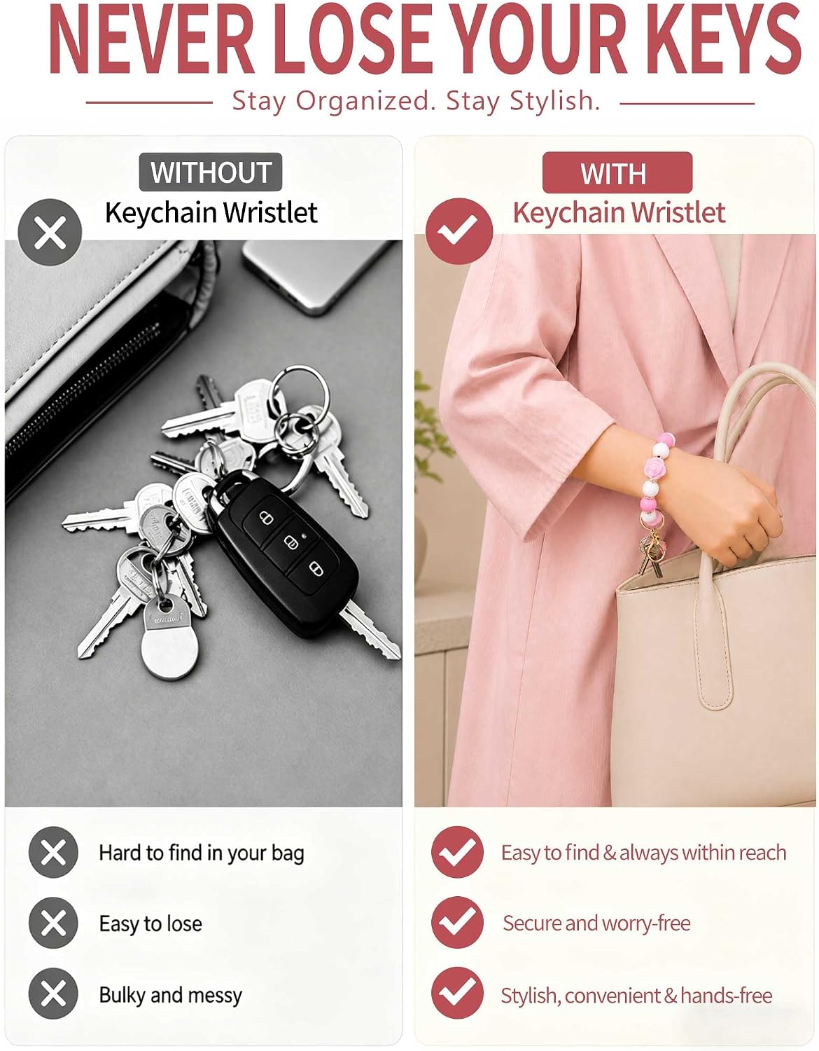 BAOSIWA Keychain Wristlet Cute Car Key Chain Holder Rose Flower Key Ring Bracelet Silicone Beaded Keychains for Women Girls