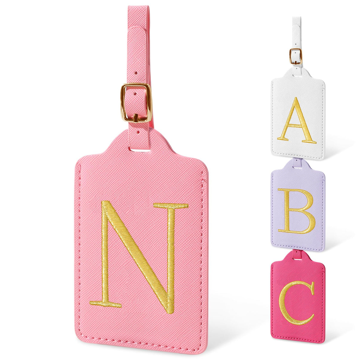 Personalized Initial Luggage Tags for Suitcases, Cute PU Leather Embroidered Letter Travel Luggage Tags, Suitcase Identifier Name Baggage Tag, Bag Tags for Men Women Kids Luggage Handbags(Pink M)