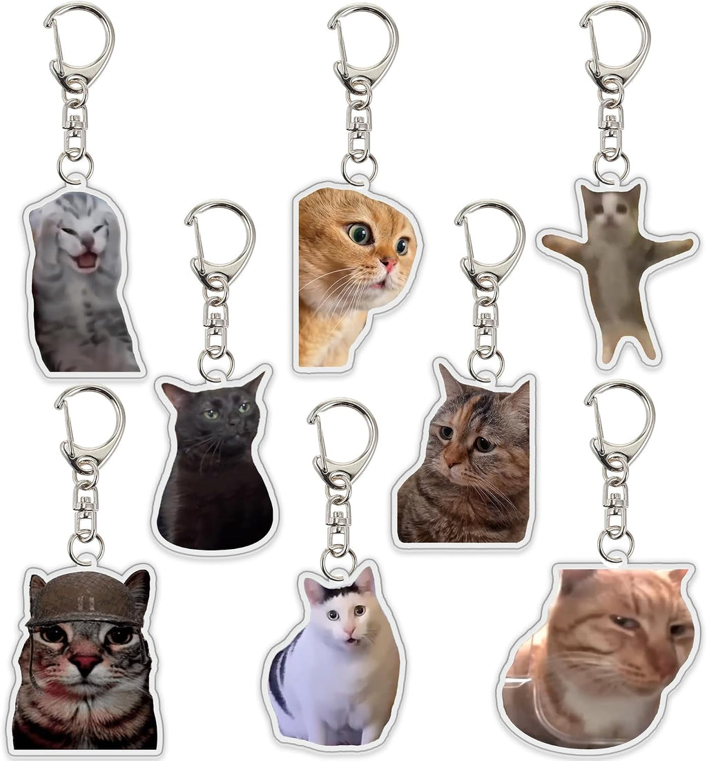 Ohjijinn 8Pcs Cat Keychain Cute Cat Meme Keychains Two Cats Talking Keyring Kawaii Charm Keychain Funny Gift