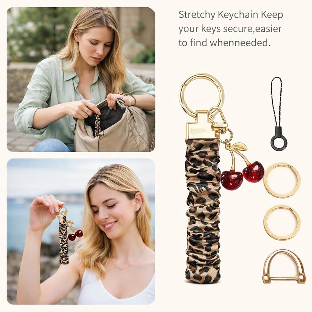 Angyape Stretchy Wristlet Keychain Cute Cherry Key Chain for Car Keys Holder Scrunchie Bracelet Wrist Lanyard for Women