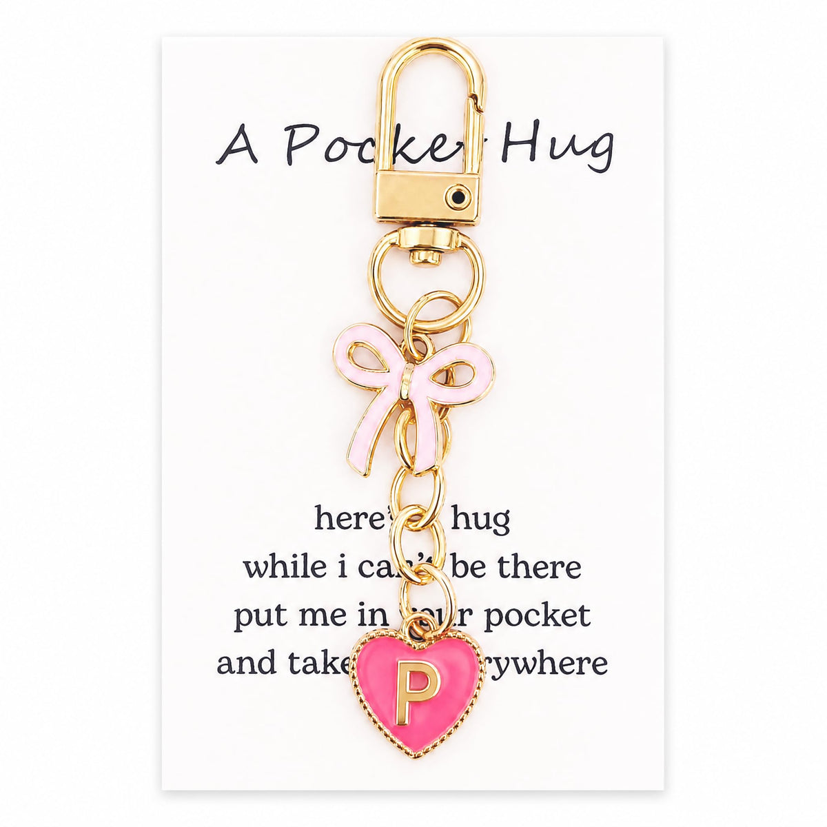 YOJO Pink Initial Letter Keychain with Enamel Bow and Heart Pendant