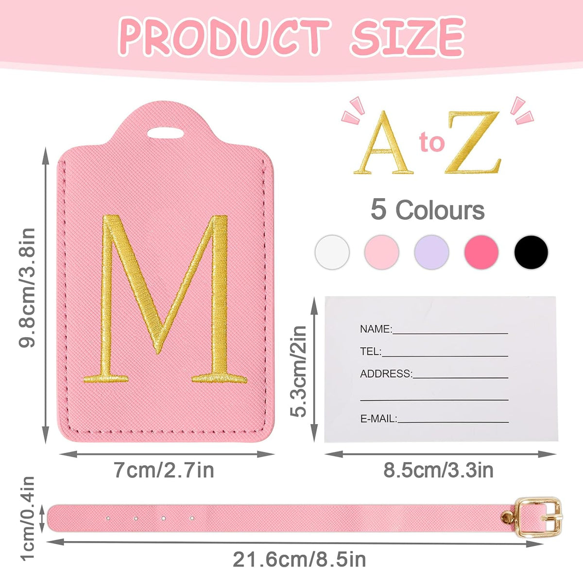 Personalized Initial Luggage Tags for Suitcases, Cute PU Leather Embroidered Letter Travel Luggage Tags, Suitcase Identifier Name Baggage Tag, Bag Tags for Men Women Kids Luggage Handbags(Pink M)