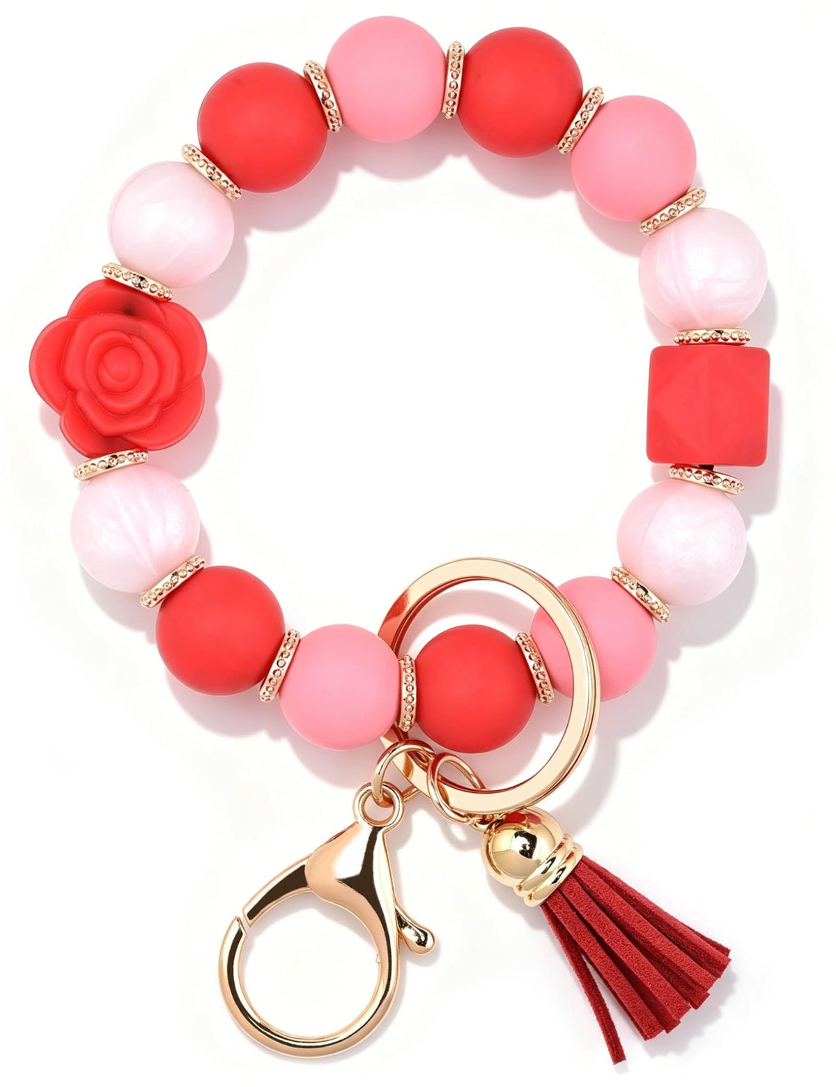 BAOSIWA Keychain Wristlet Cute Car Key Chain Holder Rose Flower Key Ring Bracelet Silicone Beaded Keychains for Women Girls