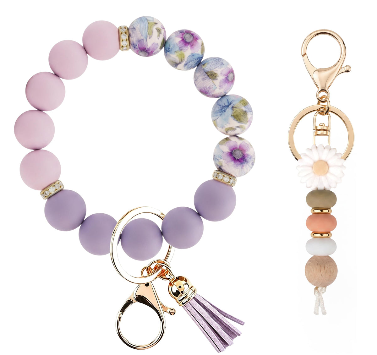 2PCS Bracelet Key Ring Set, Cute Car Key chain Wristlet, Silicone Beaded Bangle keyChains for Women Girls