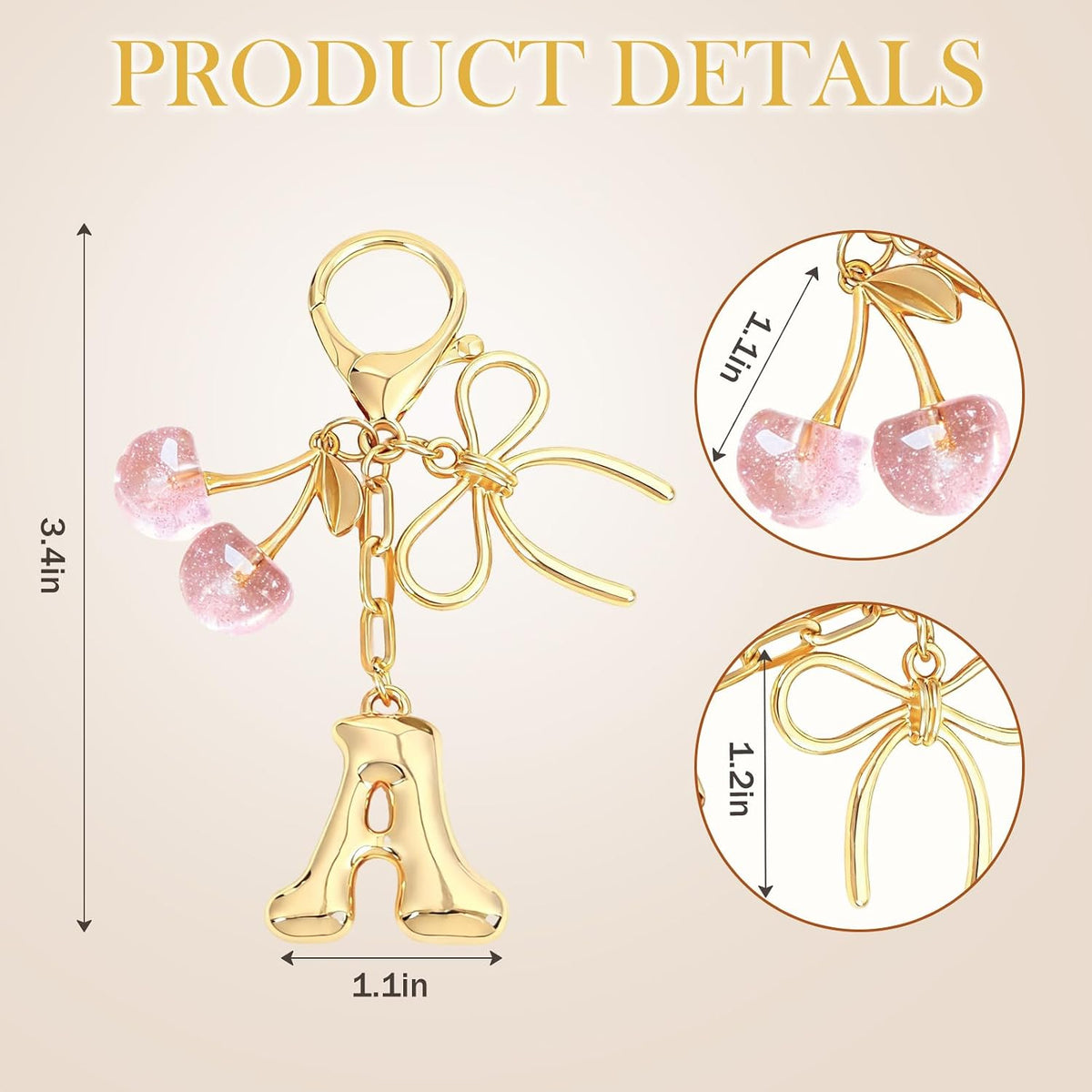 Snycler Bubble Initial Keychain with Bow & Cherry - Gold Letter Bag Charms for Women, Cute Purse Handbag Accessories