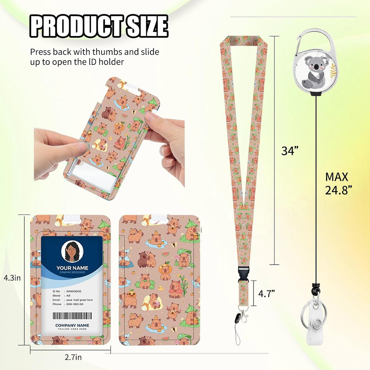 Cute Cartoon Happy Capybaras Breakaway Lanyard for ID Badges with Heavy-Duty Retractable Badge Reel & Carabiner, Adjustable Name Tag Holder for Teachers, Nurses, Students & Office Workers