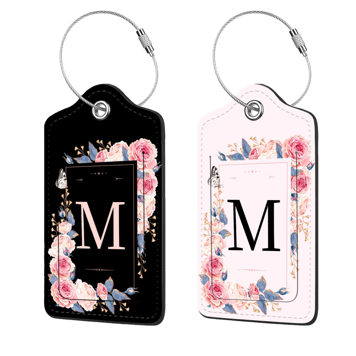 2 Pcs PU Leather Luggage Tag for Suitcases with Privacy Shield and Name ID Tag Address Card Travel Cruise Luggage Tag, Suitable for Men and Women Baggage Handbag Backpack,Flower and Monogram(Letter K