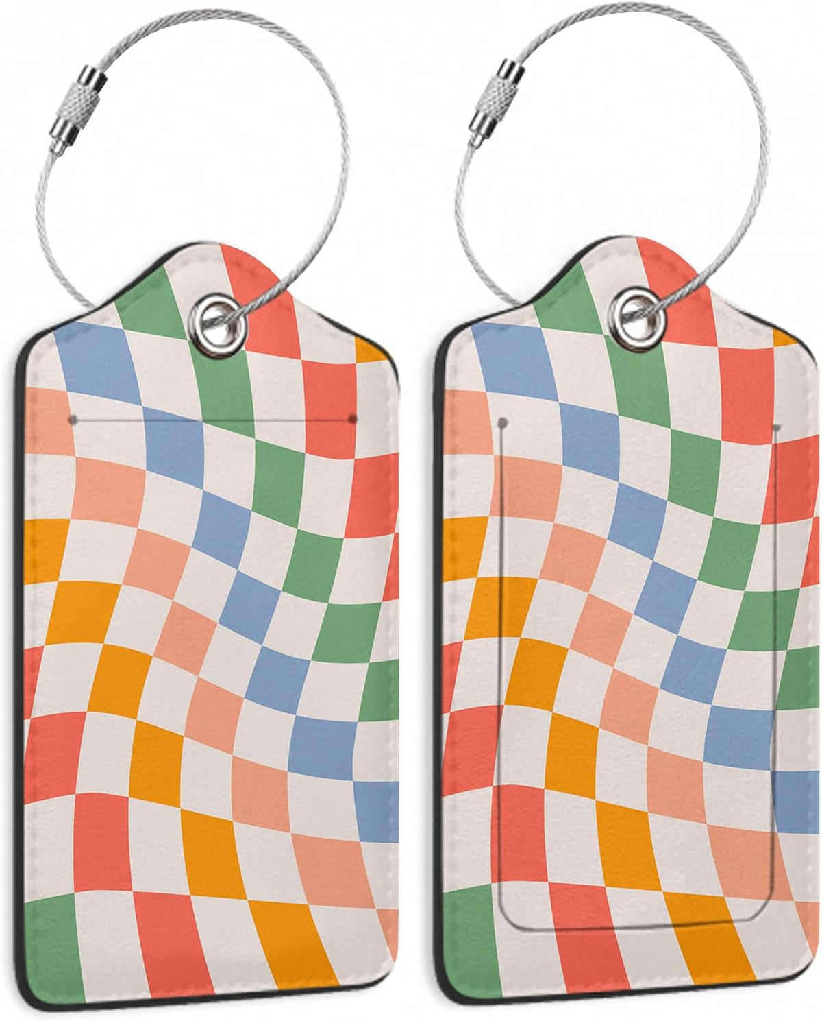 Checkered Luggage Tag,Colorful Retro Wavy Luggage Tags of Set 2 Leather Identifiers Privacy Cover with Stainless Steel Loop for Women Men Travel Bag Suitcase