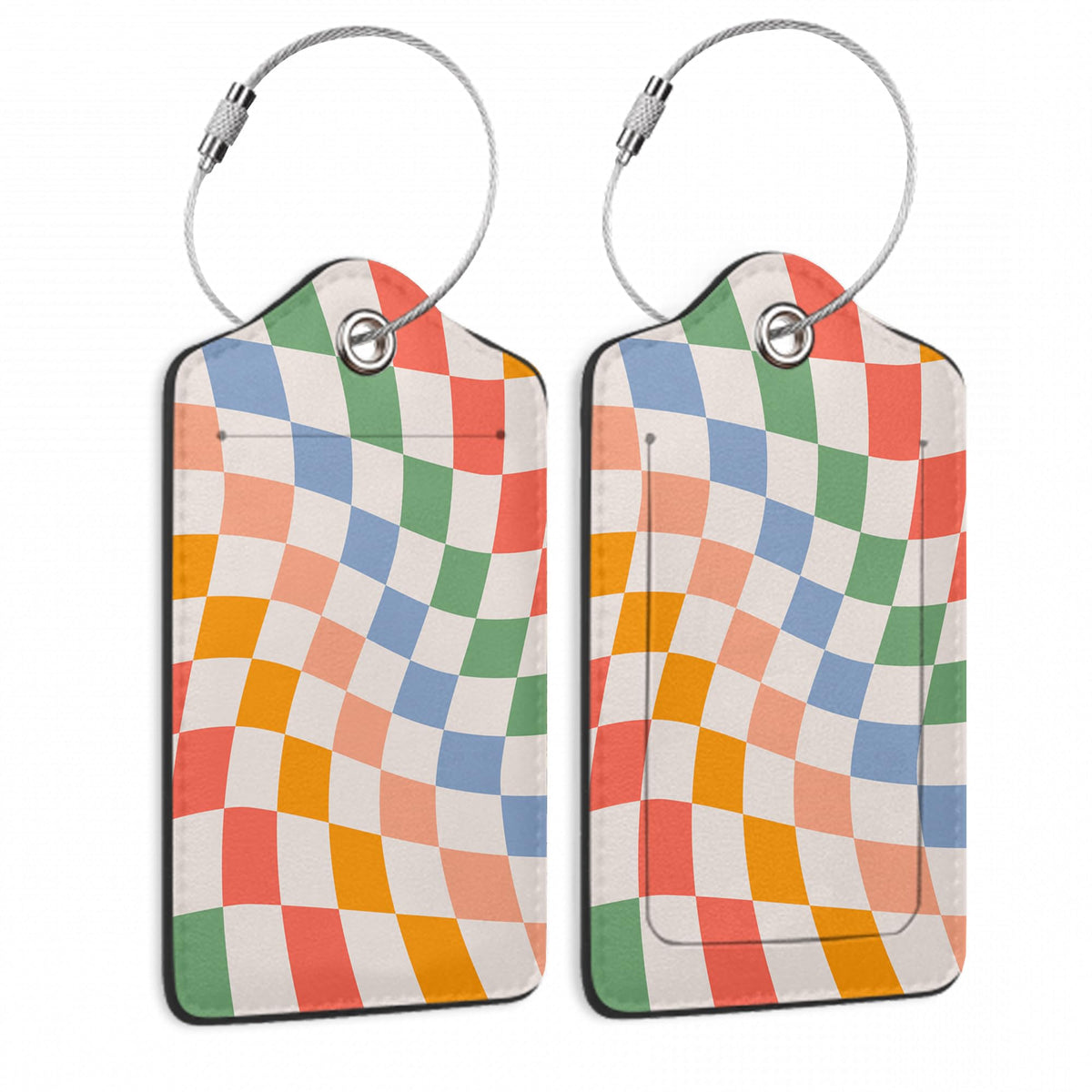 Checkered Luggage Tag,Colorful Retro Wavy Luggage Tags of Set 2 Leather Identifiers Privacy Cover with Stainless Steel Loop for Women Men Travel Bag Suitcase