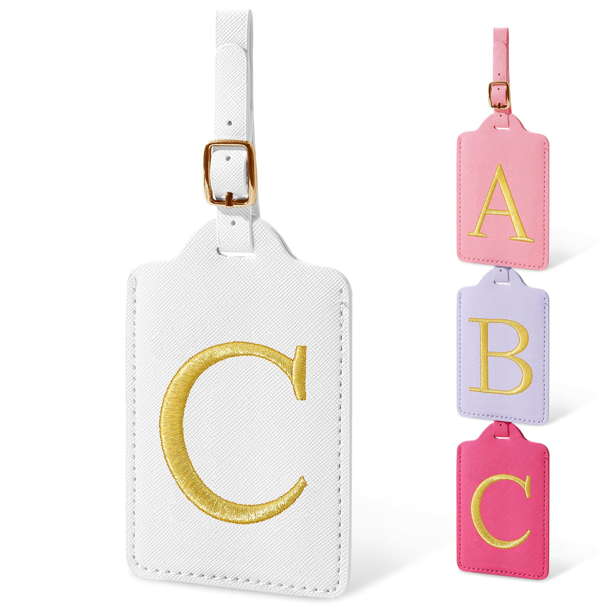 Personalized Initial Luggage Tags for Suitcases, Cute PU Leather Embroidered Letter Travel Luggage Tags, Suitcase Identifier Name Baggage Tag, Bag Tags for Men Women Kids Luggage Handbags(Pink M)