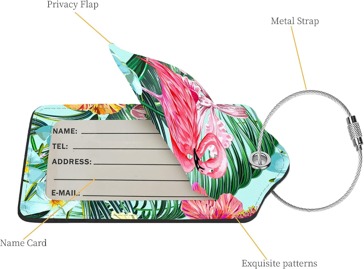 2 Pcs Luggage Tags for Suitcase, Cute Unique PU Leather Travel Bag Tag with Privacy Cover ID Label Address Card and Durable Metal Ring Suitable for Men Women Children Backpack,Flamingos