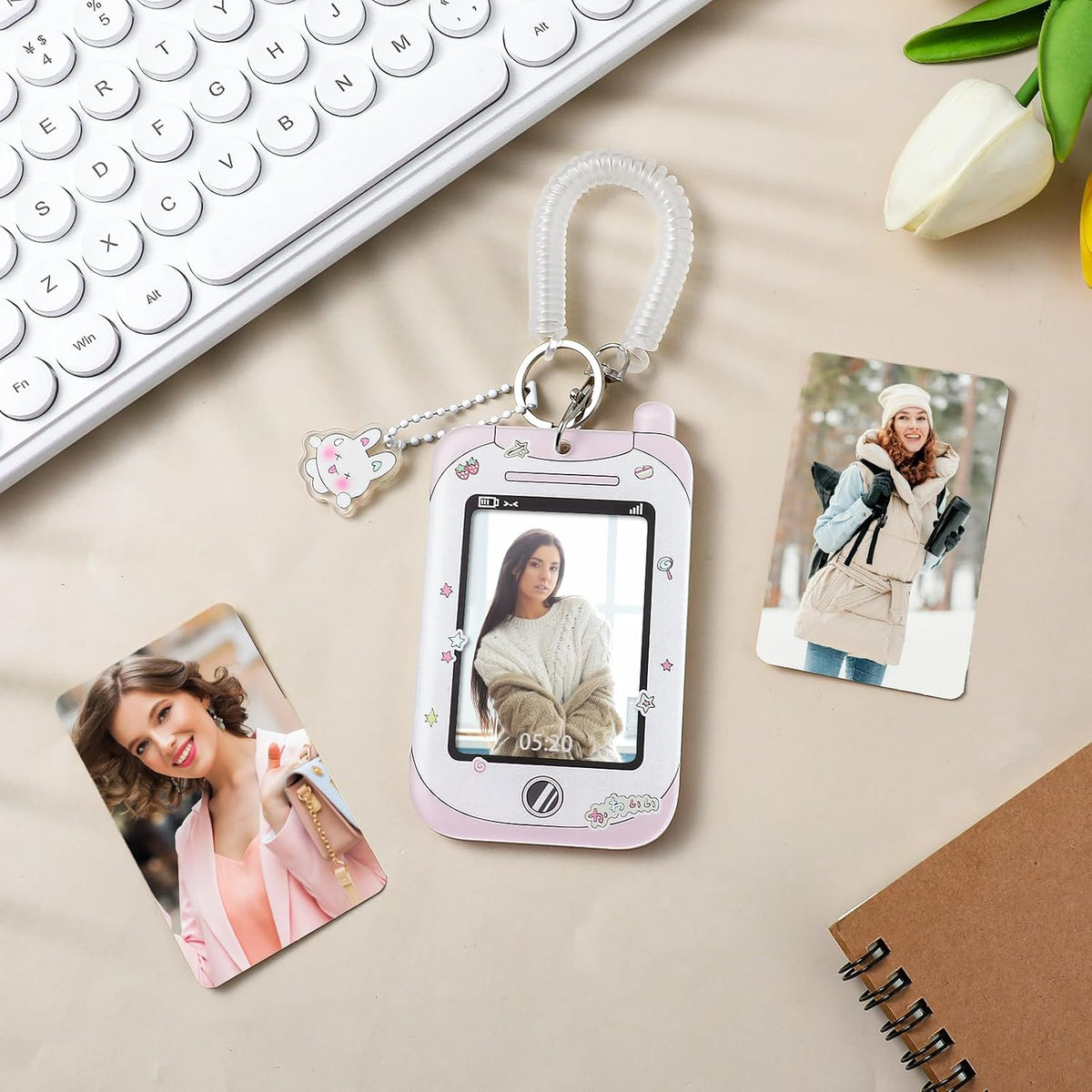 2 Pcs Photocard Holder, 3 Inch Photo Card Holder ID Badge Holder Cute Cartoon Photocard Holder Keychain Bus Card Credit ID Bank Card Pendant with Spiral Wrist Coil
