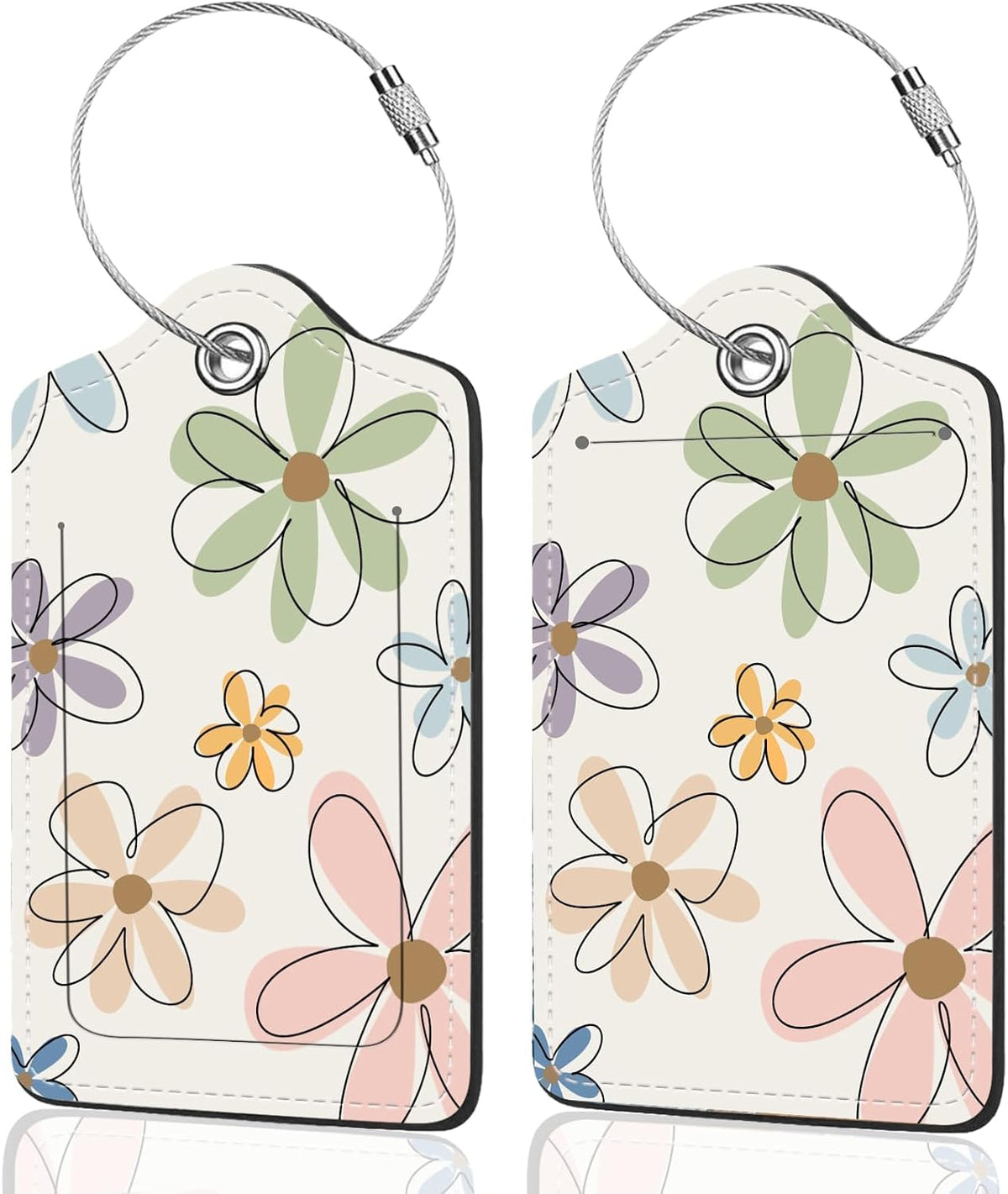 2Pack Luggage Tags for Suitcases, Cute Unique Pu Leather Cruise Luggage Tag with Privacy Cover ID Label Address Card and Metal Ring Suitable for Women Men Kids Travel Bag Linear Flower