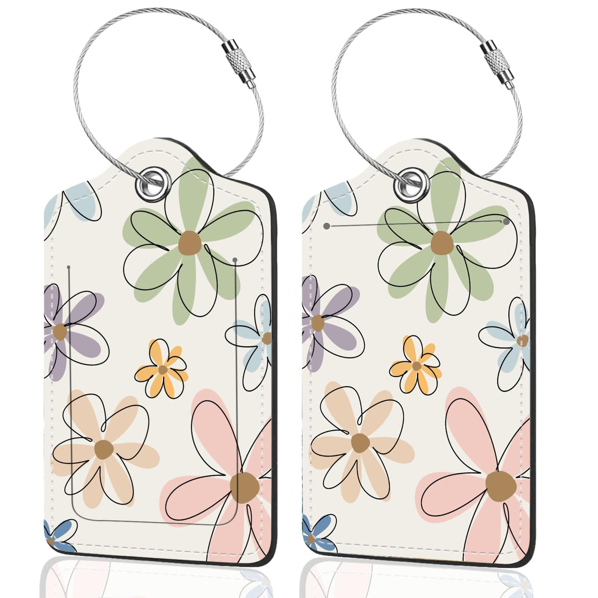 2Pack Luggage Tags for Suitcases, Cute Unique Pu Leather Cruise Luggage Tag with Privacy Cover ID Label Address Card and Metal Ring Suitable for Women Men Kids Travel Bag Linear Flower