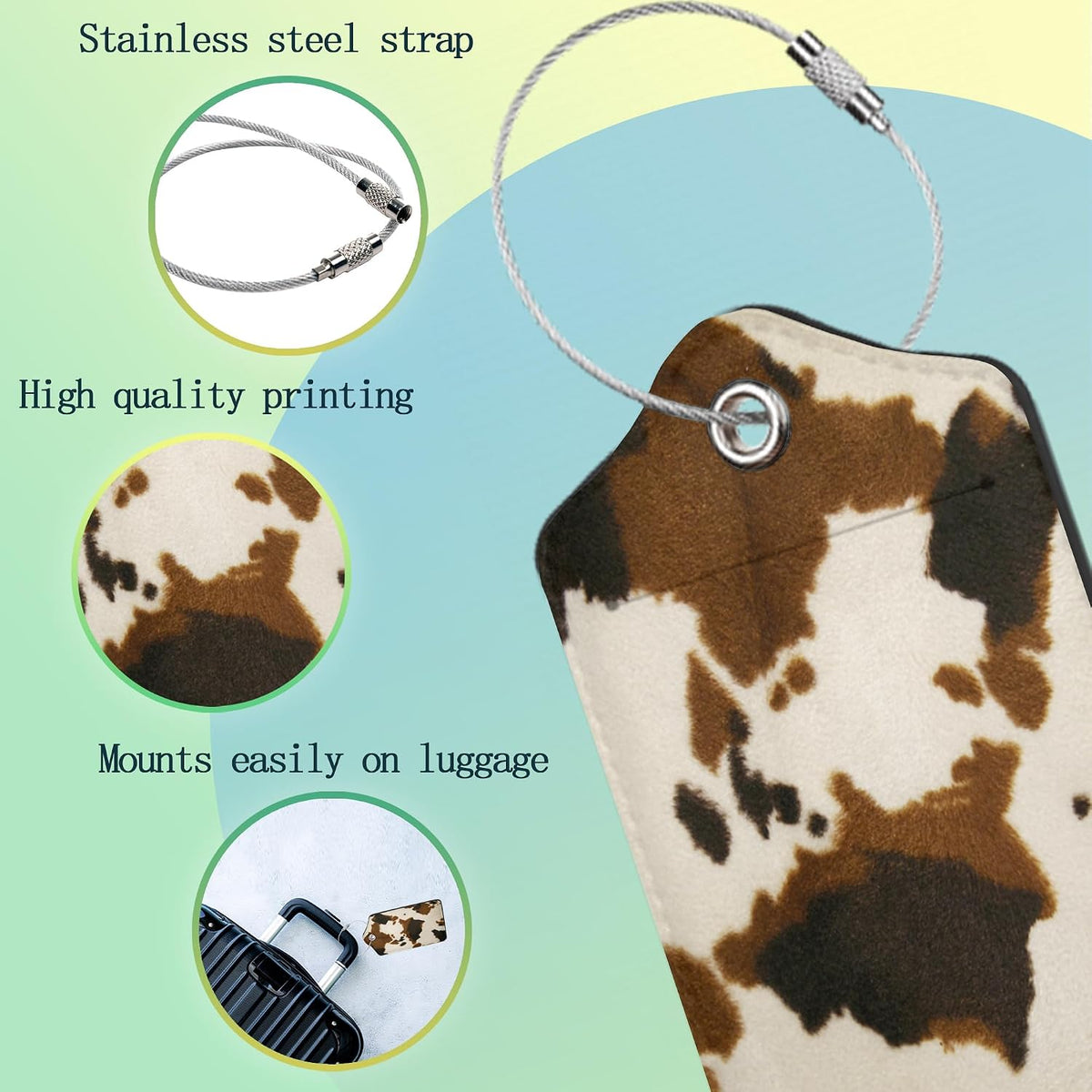 Cowhide 2 Pack Luggage Tag for Suitcases Cow Skin Animal Print PU Leather Bag Travel Suitcase ID Identifier Baggage Tags for Women Men Travel