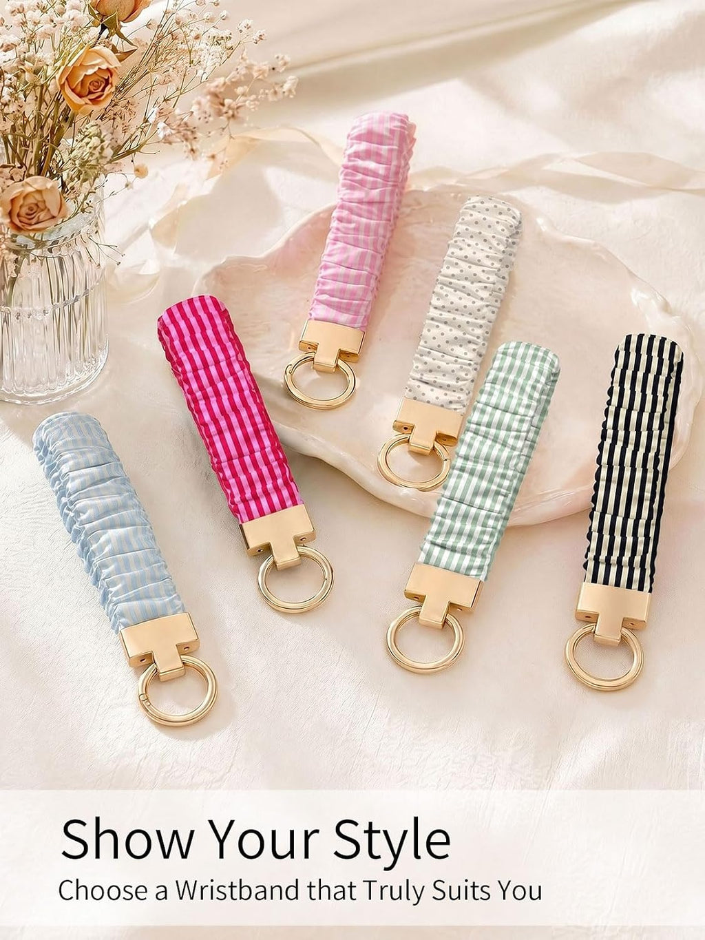 Seorsok Cute Striped Scrunchie Keychain Wristlet,Wristband Car Key Ring